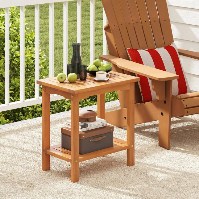 2-Tier Outdoor Acacia Wood Side Table with Slatted Tabletop and Storage Shelf - Patio Coffee Tables