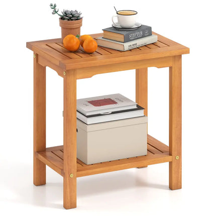 2-Tier Outdoor Acacia Wood Side Table with Slatted Tabletop and Storage Shelf - Patio Coffee Tables