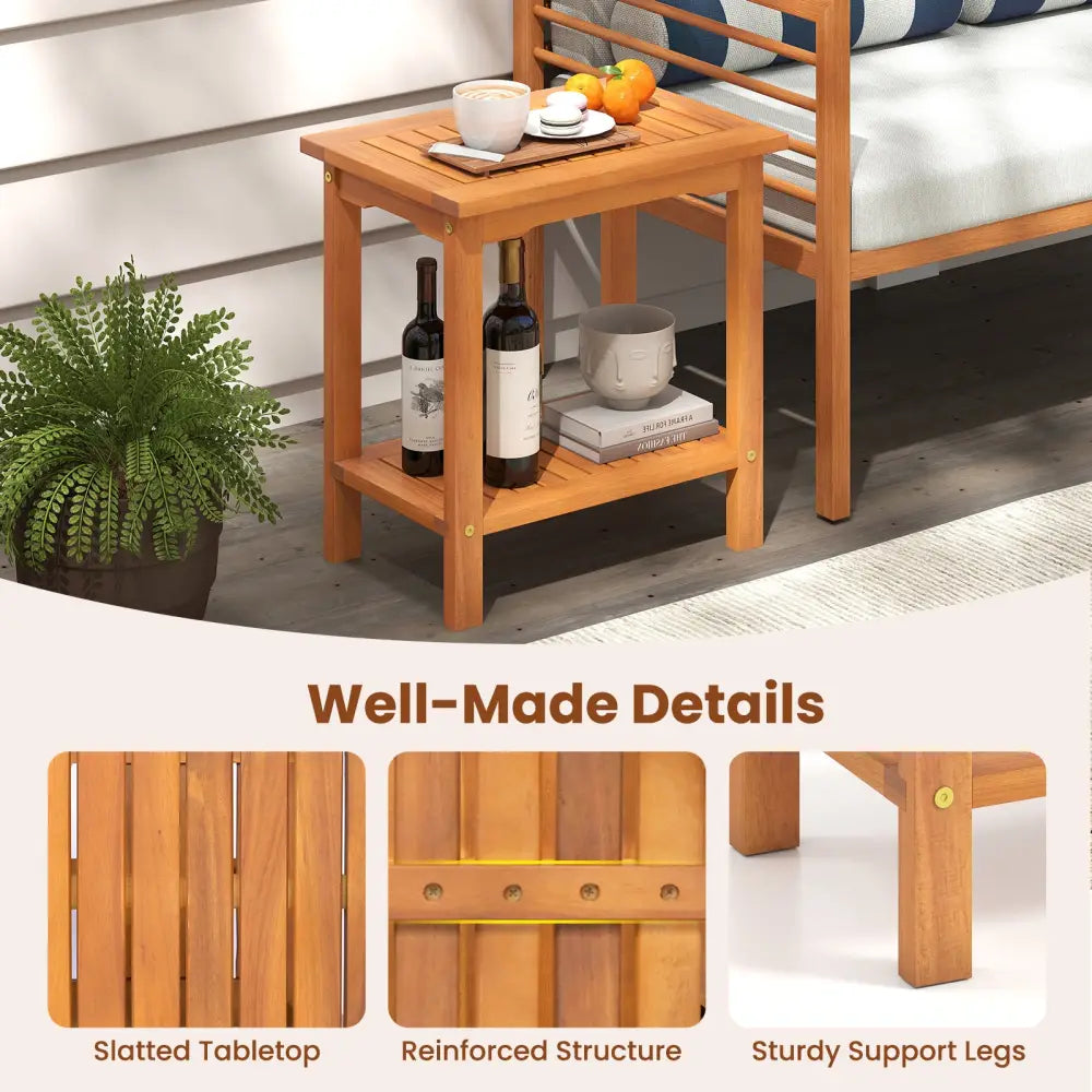2-Tier Outdoor Acacia Wood Side Table with Slatted Tabletop and Storage Shelf - Patio Coffee Tables