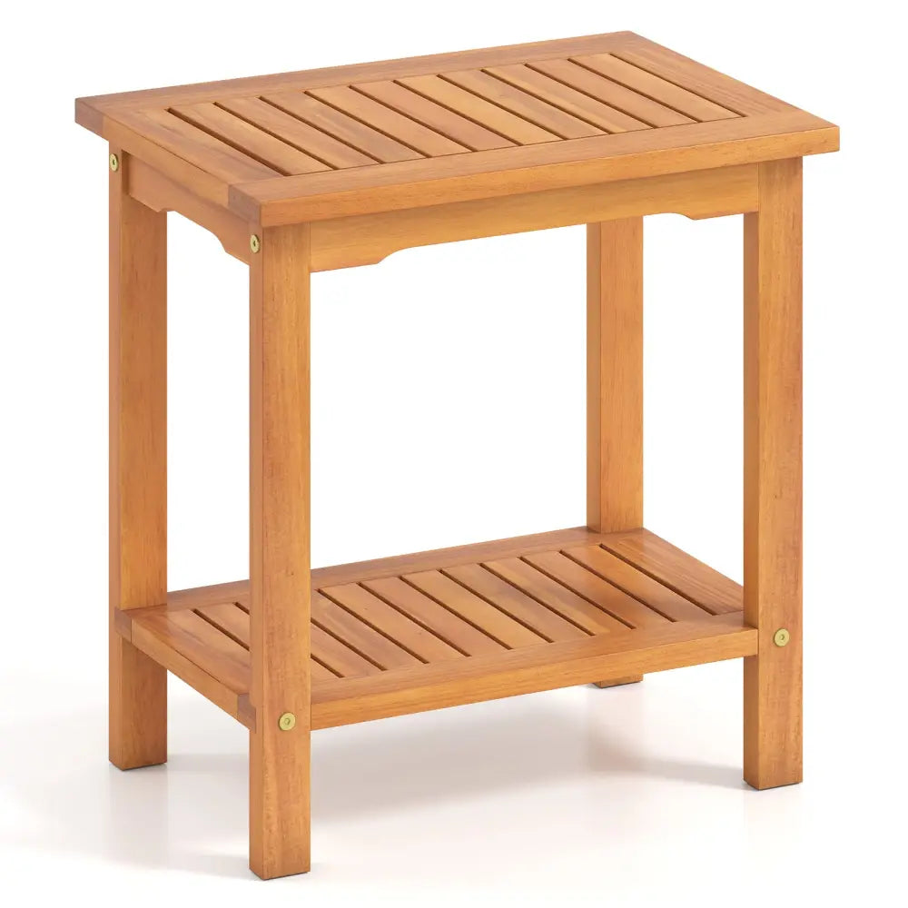 2-Tier Outdoor Acacia Wood Side Table with Slatted Tabletop and Storage Shelf - Patio Coffee Tables