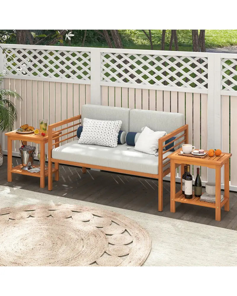 2-Tier Outdoor Acacia Wood Side Table with Slatted Tabletop and Storage Shelf - Patio Coffee Tables