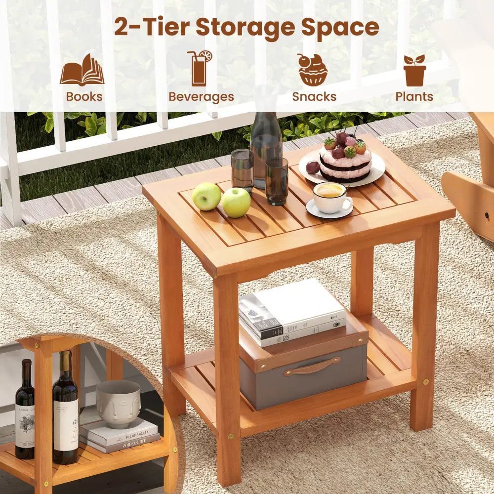 2-Tier Outdoor Acacia Wood Side Table with Slatted Tabletop and Storage Shelf - Patio Coffee Tables