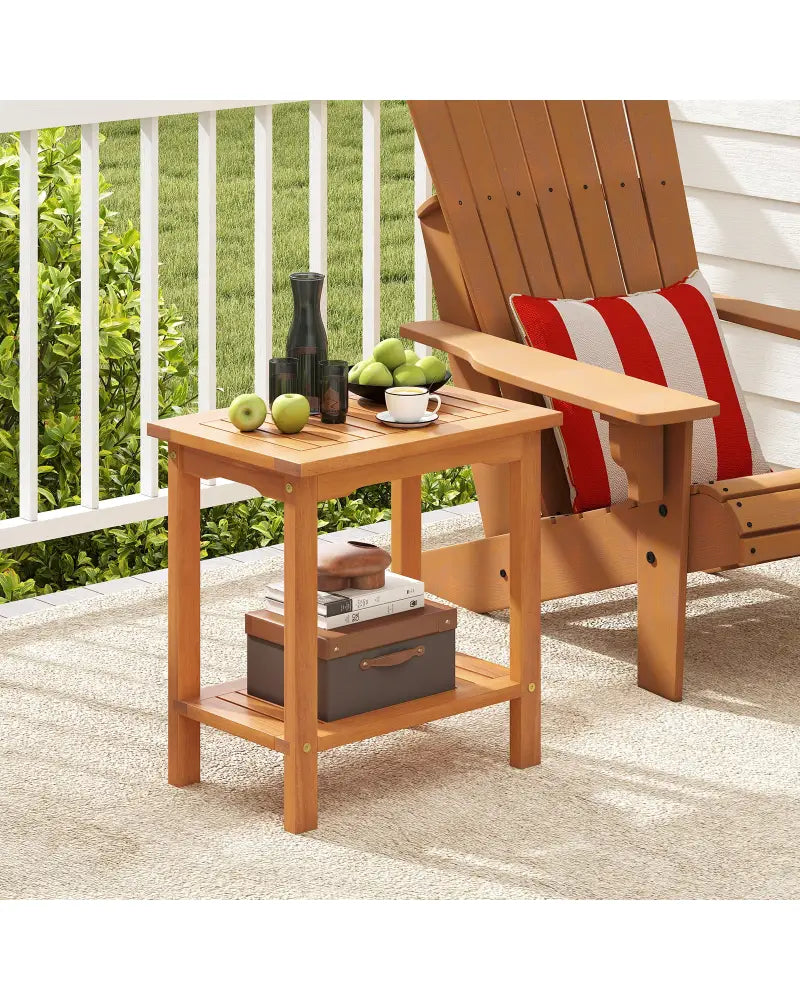 2-Tier Outdoor Acacia Wood Side Table with Slatted Tabletop and Storage Shelf - Patio Coffee Tables