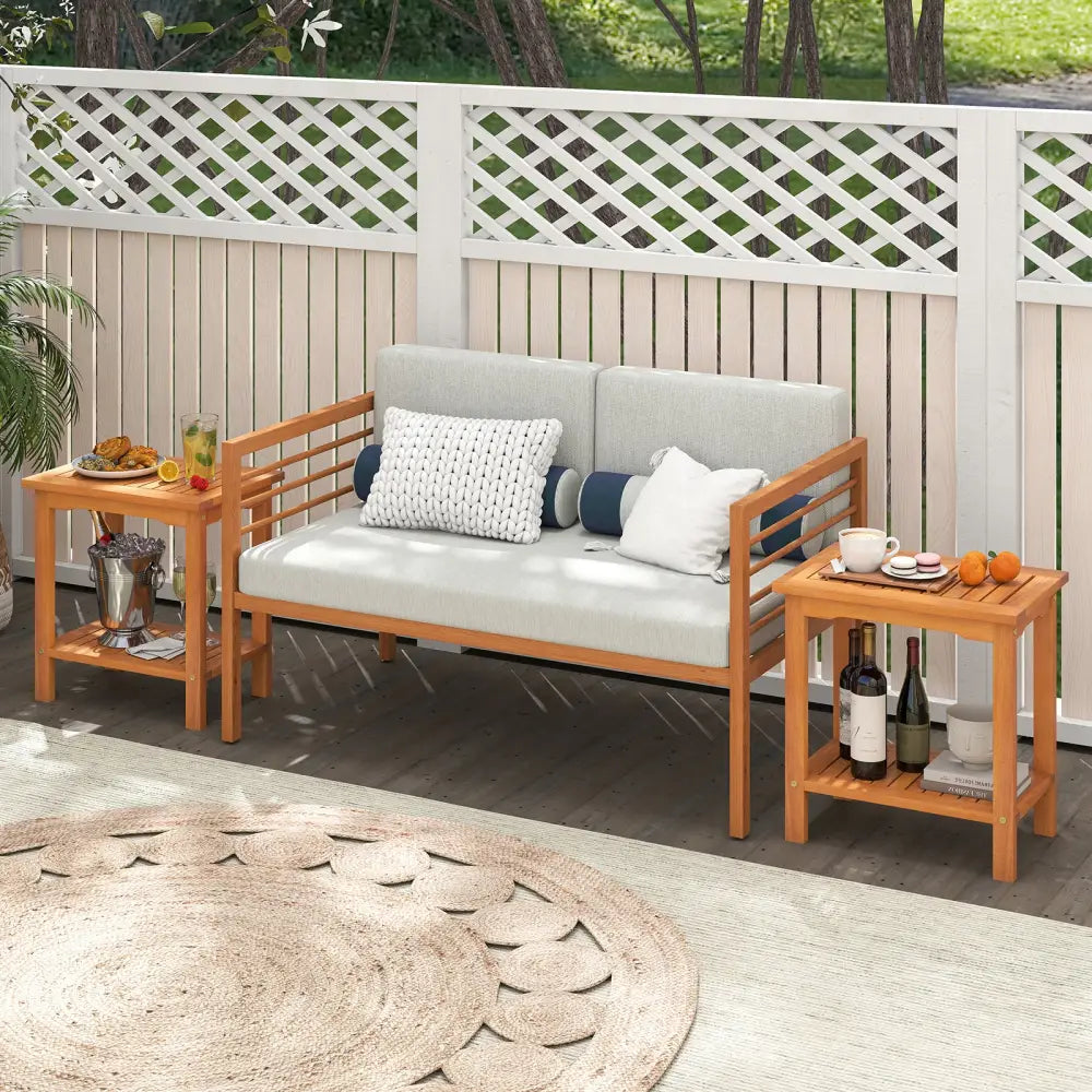 2-Tier Outdoor Acacia Wood Side Table with Slatted Tabletop and Storage Shelf - Patio Coffee Tables