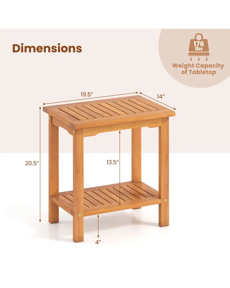 2-Tier Outdoor Acacia Wood Side Table with Slatted Tabletop and Storage Shelf - Patio Coffee Tables