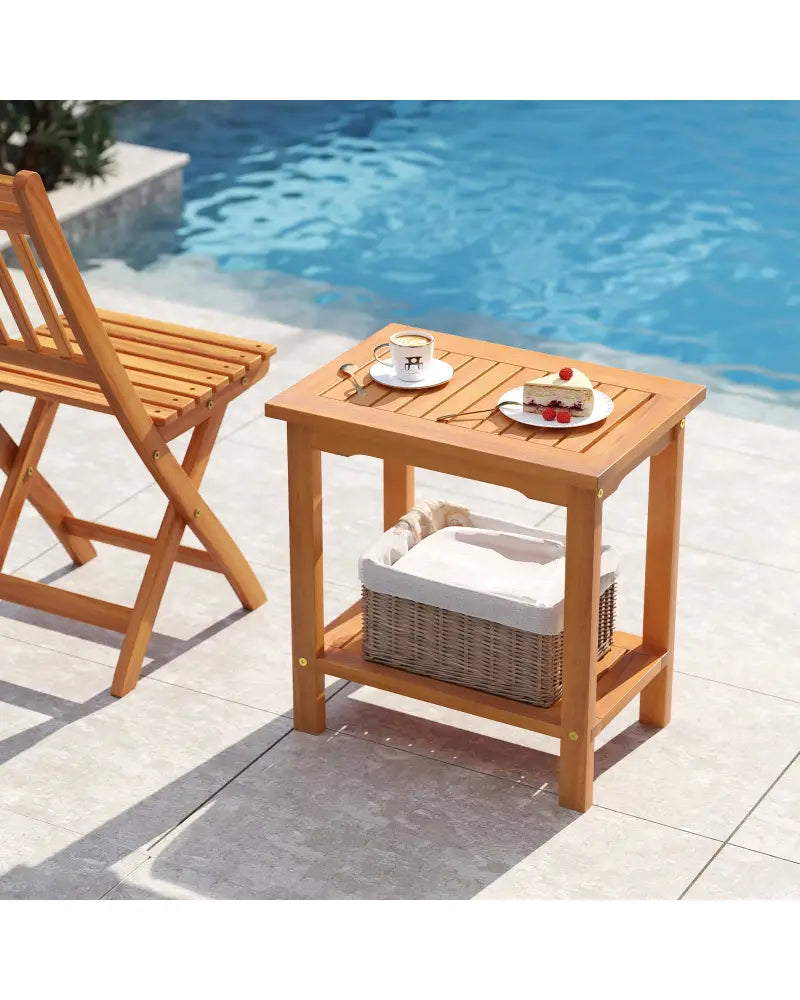2-Tier Outdoor Acacia Wood Side Table with Slatted Tabletop and Storage Shelf - Patio Coffee Tables