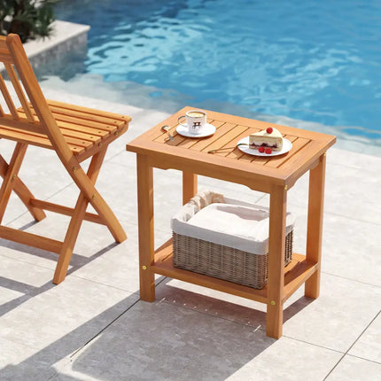 2-Tier Outdoor Acacia Wood Side Table with Slatted Tabletop and Storage Shelf - Patio Coffee Tables