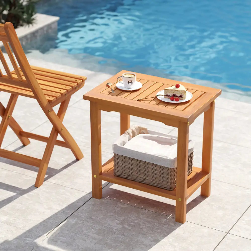 2-Tier Outdoor Acacia Wood Side Table with Slatted Tabletop and Storage Shelf - Patio Coffee Tables
