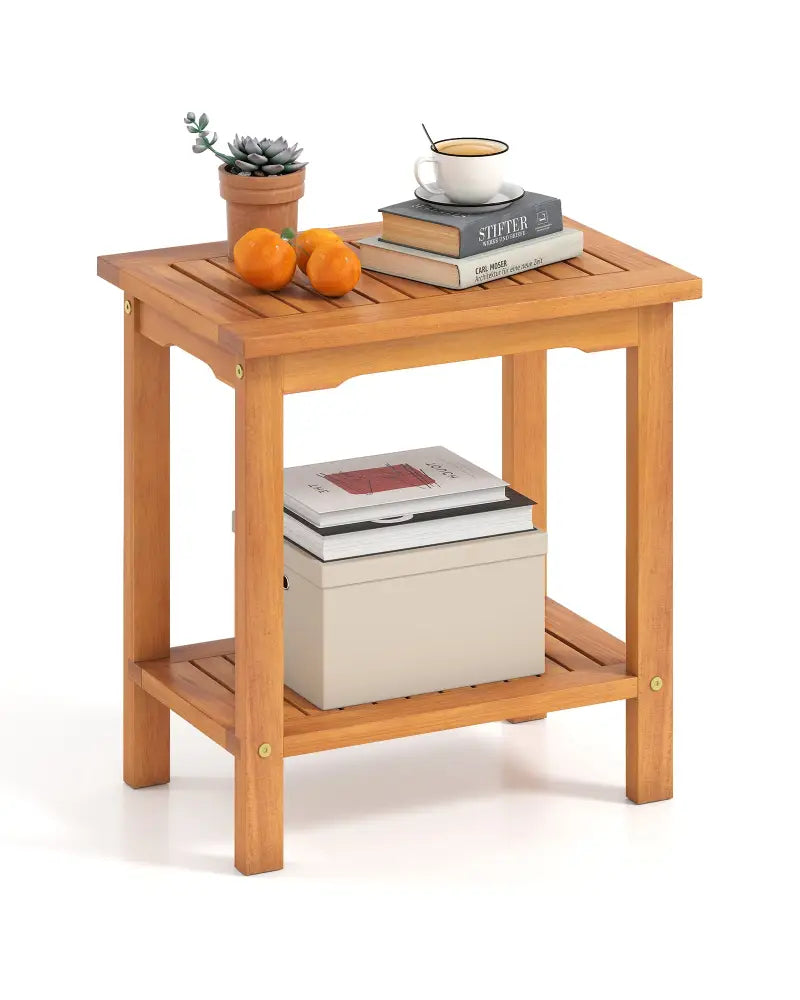 2-Tier Outdoor Acacia Wood Side Table with Slatted Tabletop and Storage Shelf - Patio Coffee Tables