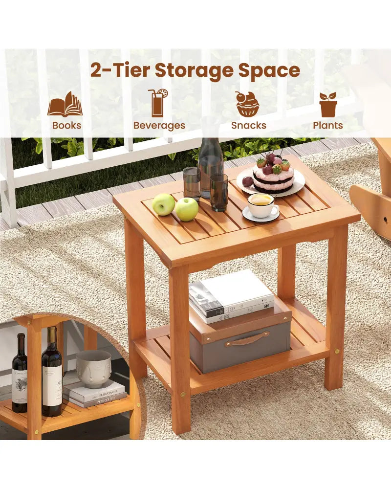2-Tier Outdoor Acacia Wood Side Table with Slatted Tabletop and Storage Shelf - Patio Coffee Tables