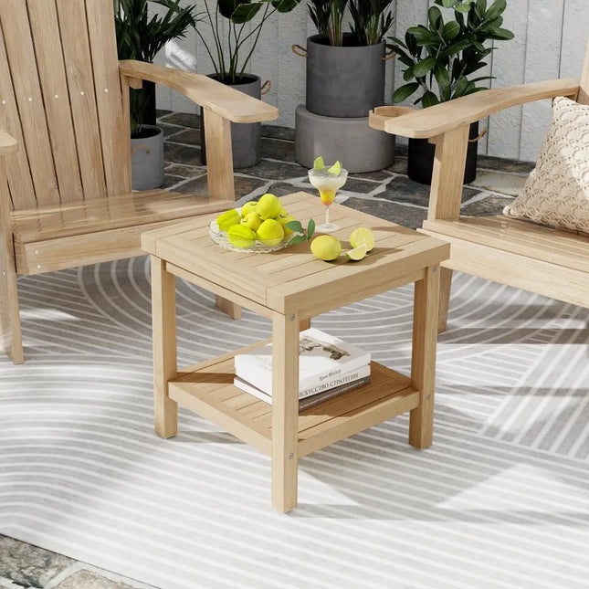 2-Tier Outdoor Side Table with Shelf for Porch Deck Garden - Natural - Patio Coffee Tables