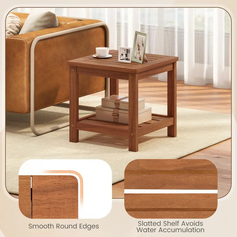 2-Tier Outdoor Side Table with Storage Shelf for Patio - Natural - Patio Coffee Tables