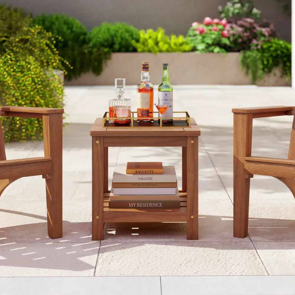 2-Tier Outdoor Side Table with Storage Shelf for Patio - Natural - Patio Coffee Tables