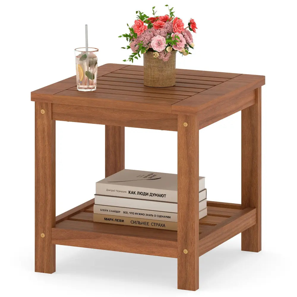 2-Tier Outdoor Side Table with Storage Shelf for Patio - Natural - Patio Coffee Tables
