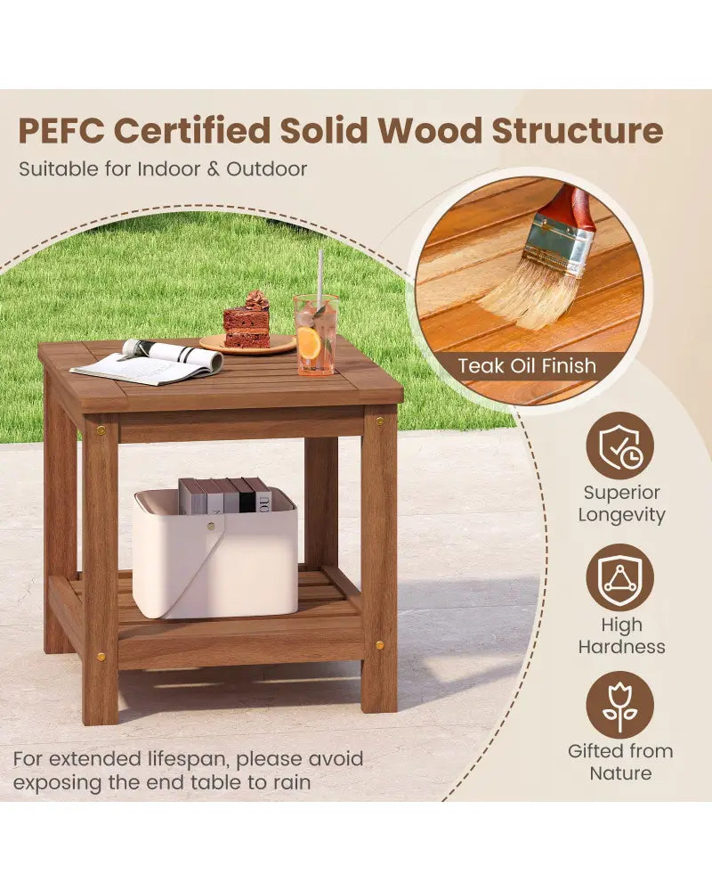 2-Tier Outdoor Side Table with Storage Shelf for Patio - Natural - Patio Coffee Tables