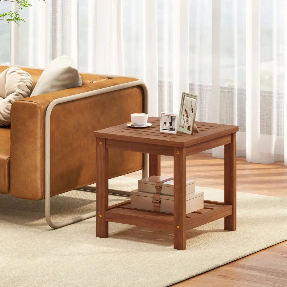 2-Tier Outdoor Side Table with Storage Shelf for Patio - Natural - Patio Coffee Tables