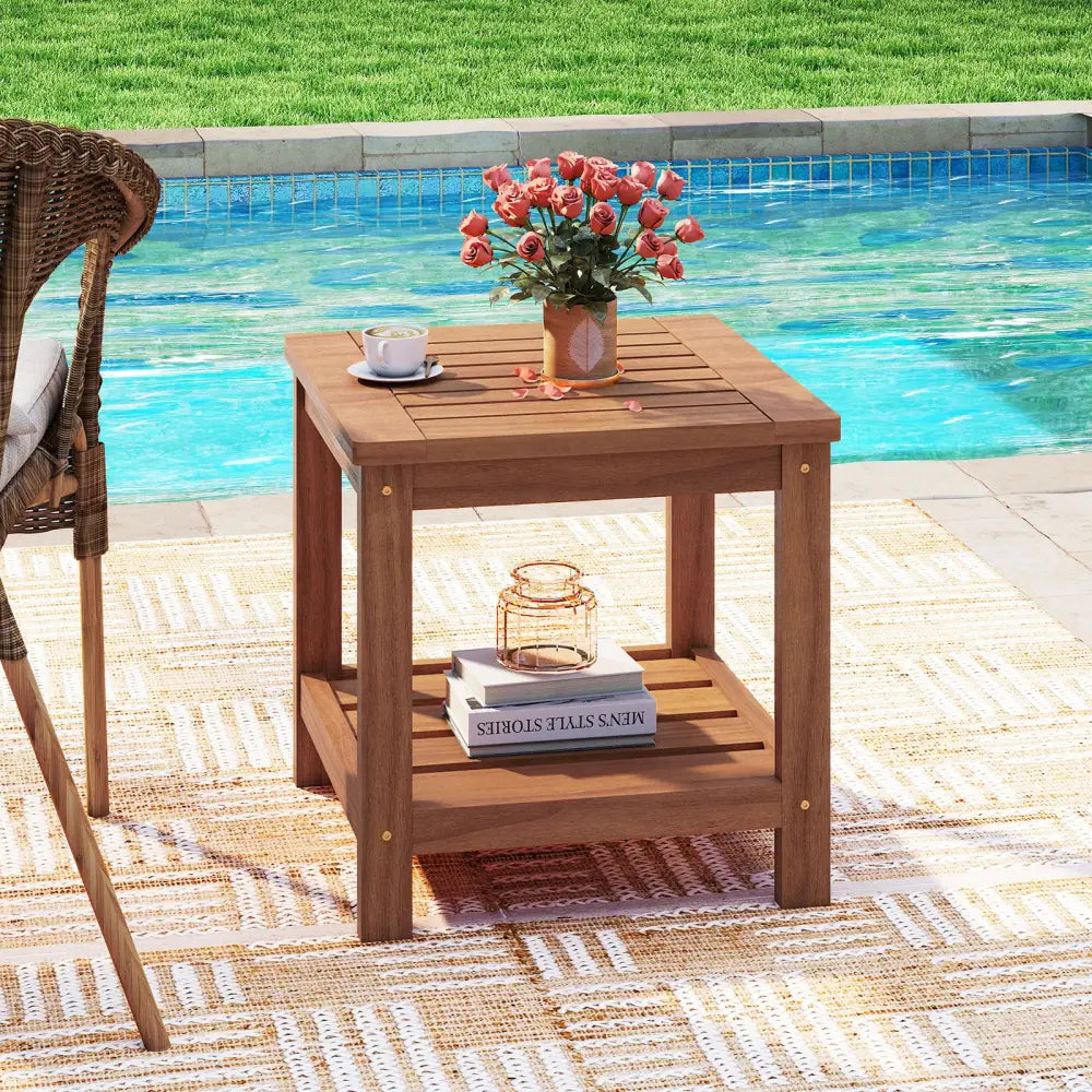 2-Tier Outdoor Side Table with Storage Shelf for Patio - Natural - Patio Coffee Tables