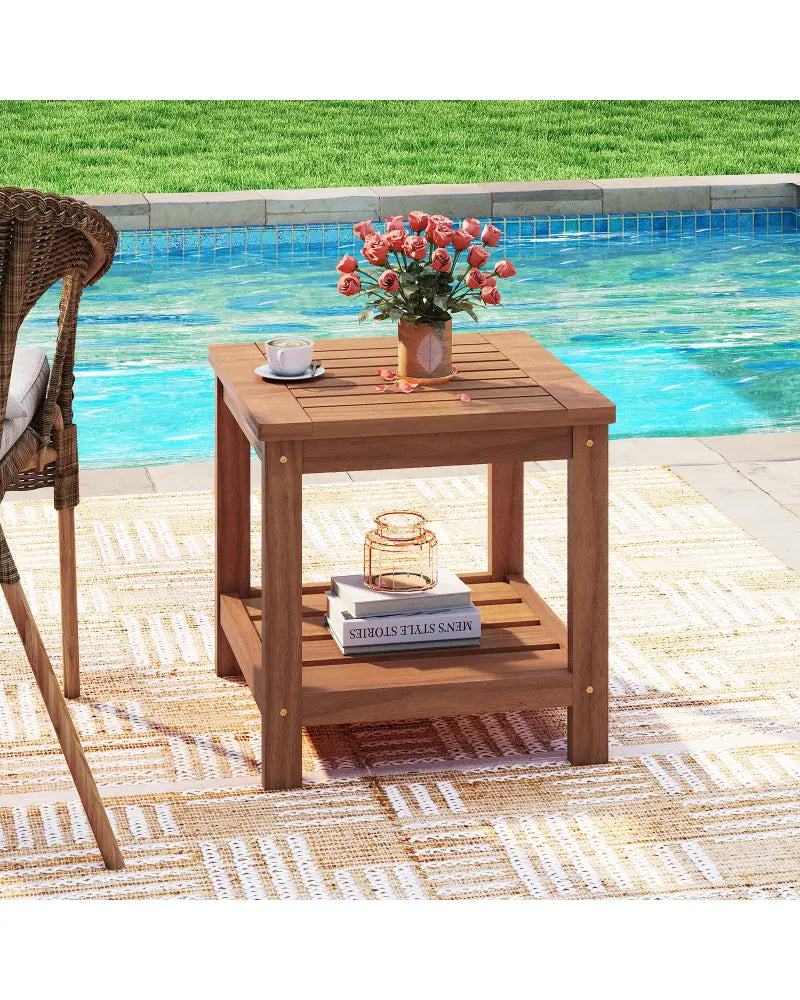 2-Tier Outdoor Side Table with Storage Shelf for Patio - Natural - Patio Coffee Tables