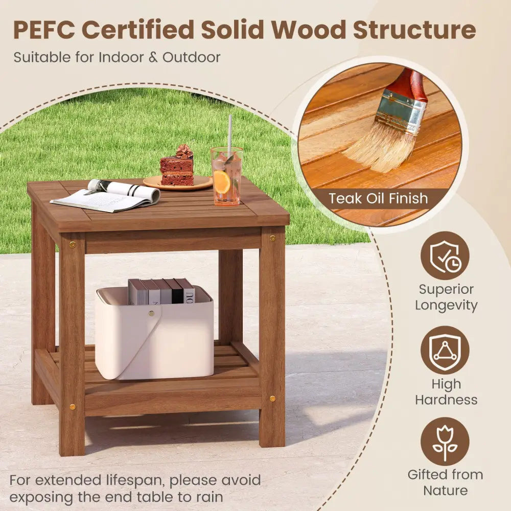 2-Tier Outdoor Side Table with Storage Shelf for Patio - Natural - Patio Coffee Tables