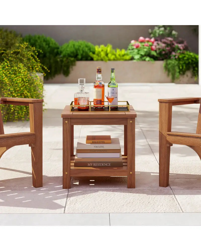 2-Tier Outdoor Side Table with Storage Shelf for Patio - Natural - Patio Coffee Tables
