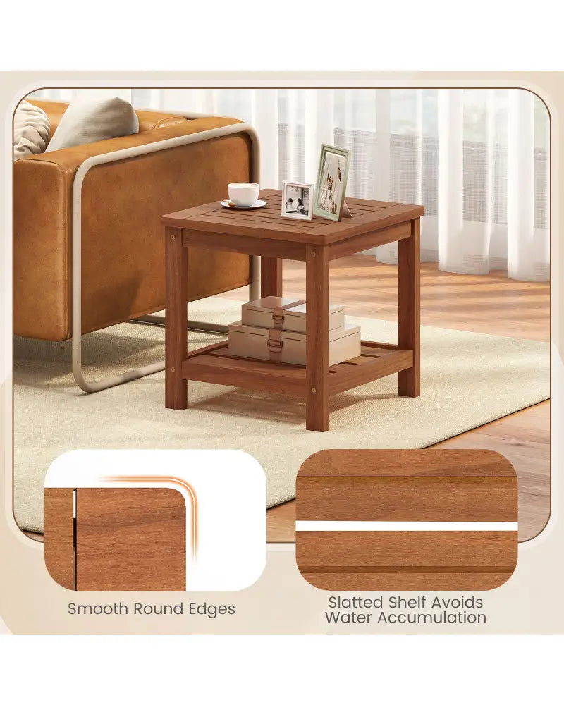 2-Tier Outdoor Side Table with Storage Shelf for Patio - Natural - Patio Coffee Tables