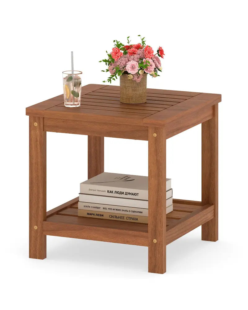 2-Tier Outdoor Side Table with Storage Shelf for Patio - Natural - Patio Coffee Tables