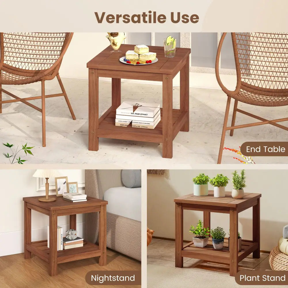 2-Tier Outdoor Side Table with Storage Shelf for Patio - Natural - Patio Coffee Tables