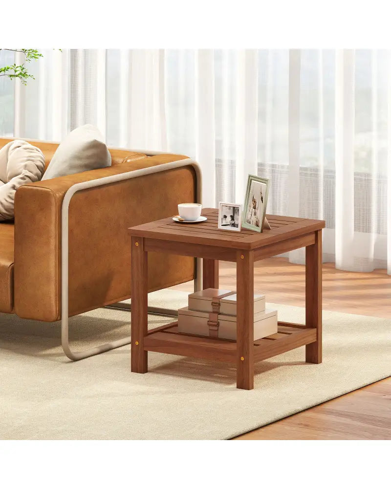 2-Tier Outdoor Side Table with Storage Shelf for Patio - Natural - Patio Coffee Tables