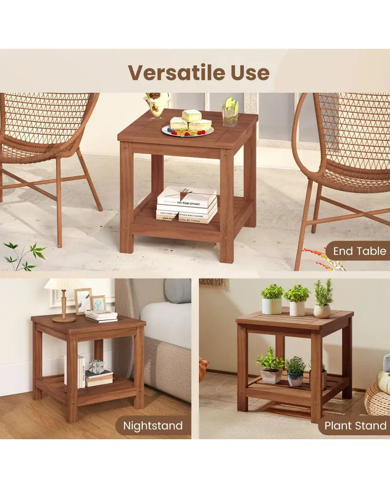 2-Tier Outdoor Side Table with Storage Shelf for Patio - Natural - Patio Coffee Tables