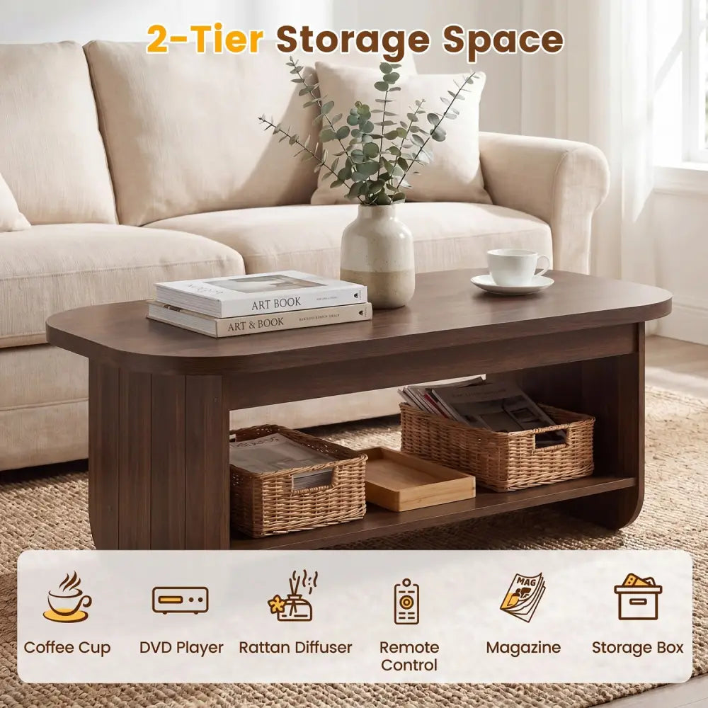 2-Tier Oval Coffee Table for Living Room Mid Century Center Table with Bottom Storage Shelf-Walnut - Walnut - Coffee