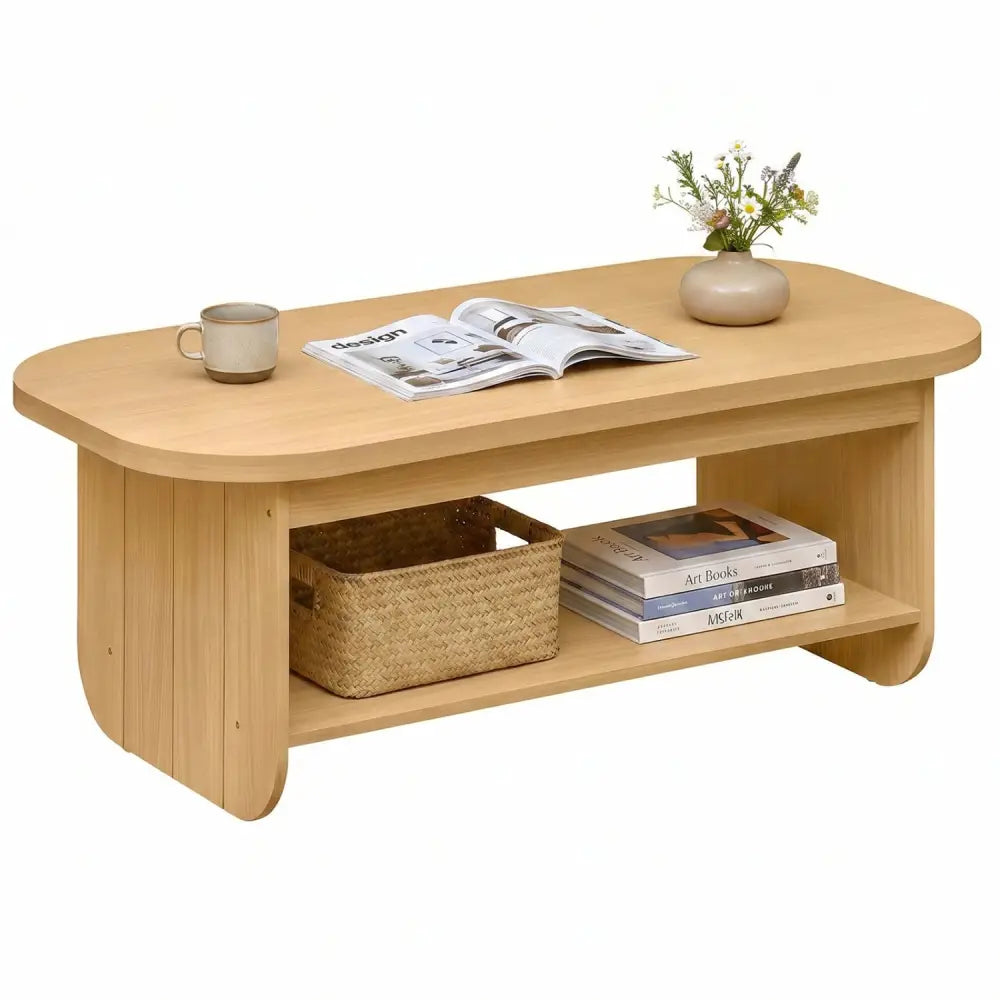 2-Tier Oval Coffee Table for Living Room Mid Century Center Table with Bottom Storage Shelf-Natural - Natural - Coffee