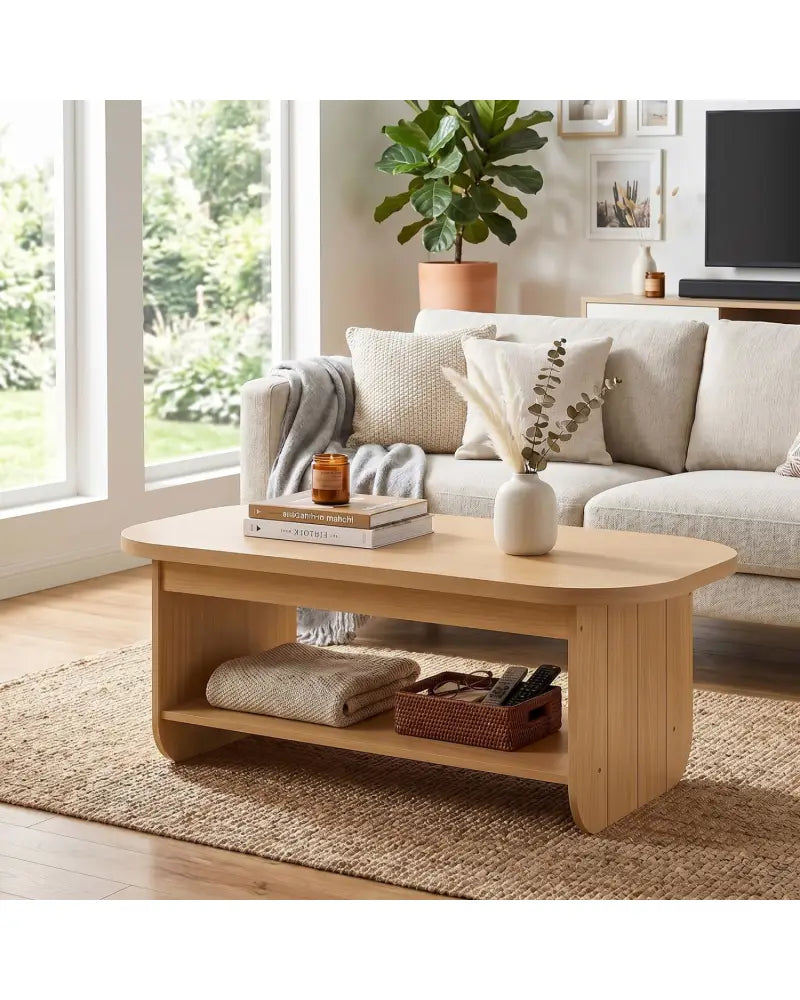 2-Tier Oval Coffee Table for Living Room Mid Century Center Table with Bottom Storage Shelf-Natural - Natural - Coffee
