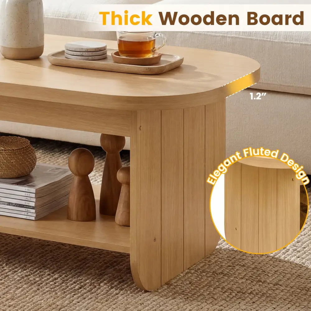 2-Tier Oval Coffee Table for Living Room Mid Century Center Table with Bottom Storage Shelf-Natural - Natural - Coffee