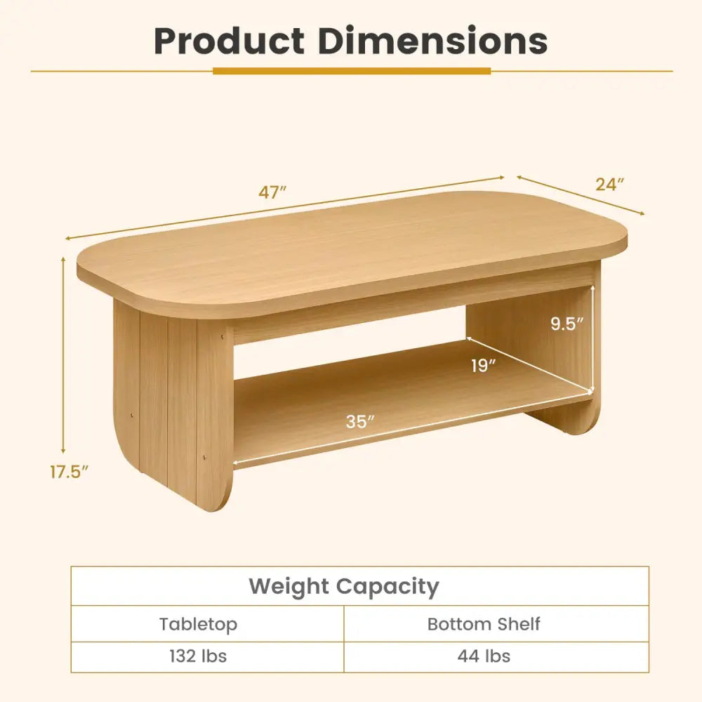 2-Tier Oval Coffee Table for Living Room Mid Century Center Table with Bottom Storage Shelf-Natural - Natural - Coffee