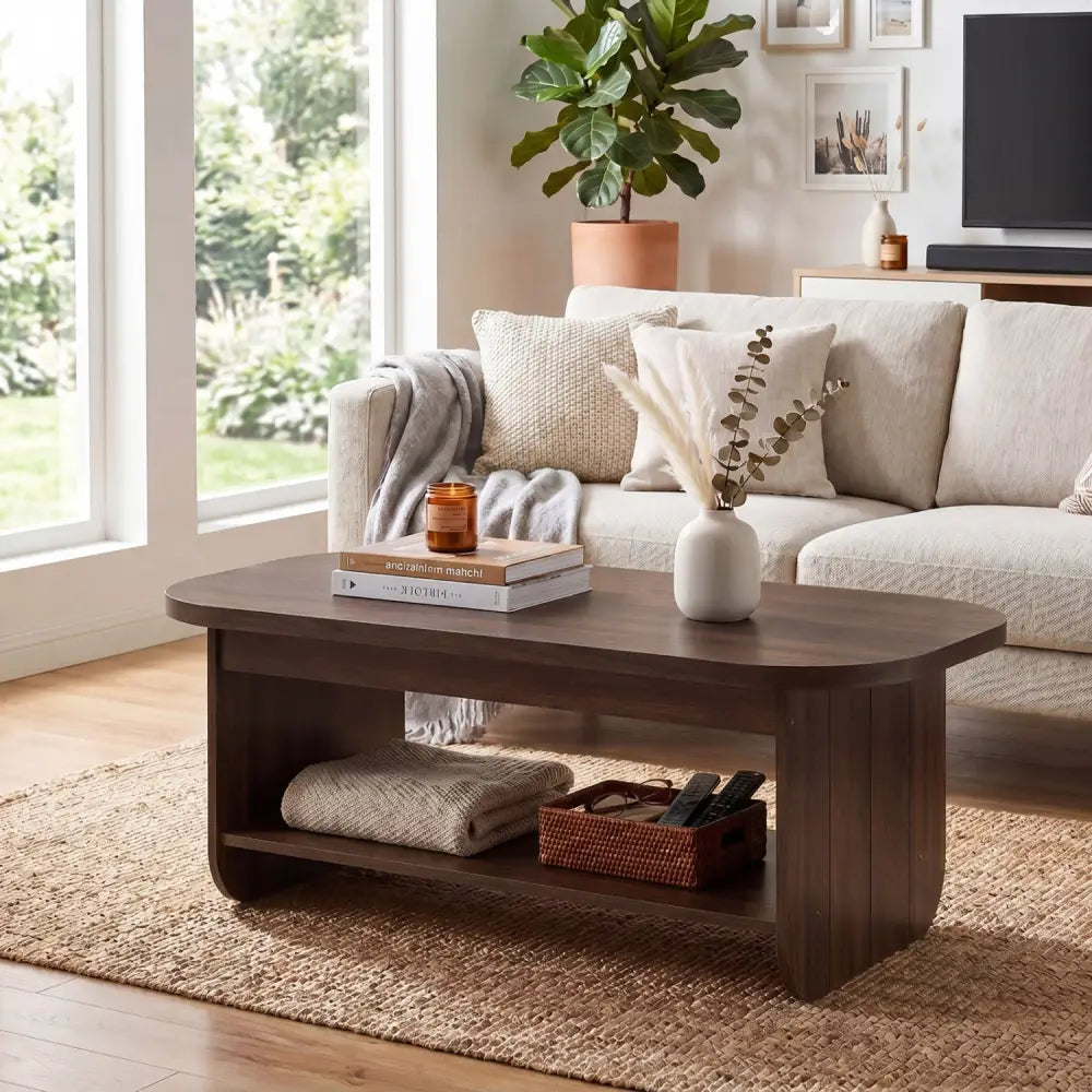 2-Tier Oval Coffee Table for Living Room Mid Century Center Table with Bottom Storage Shelf-Walnut - Walnut - Coffee