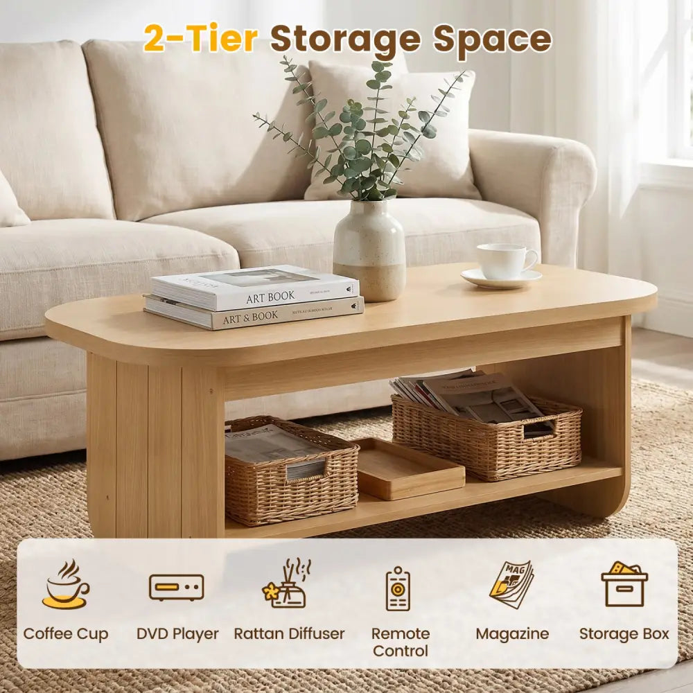 2-Tier Oval Coffee Table for Living Room Mid Century Center Table with Bottom Storage Shelf-Natural - Natural - Coffee