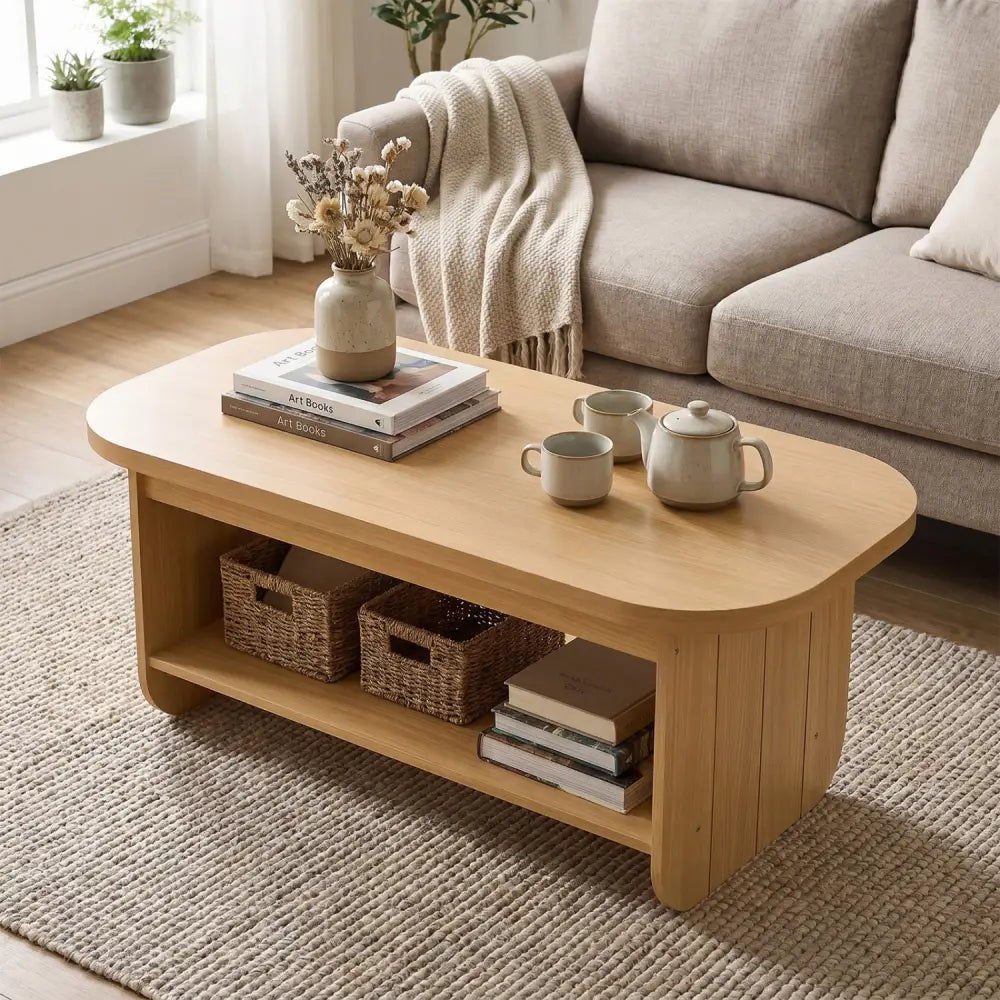 2-Tier Oval Coffee Table for Living Room Mid Century Center Table with Bottom Storage Shelf-Natural - Natural - Coffee
