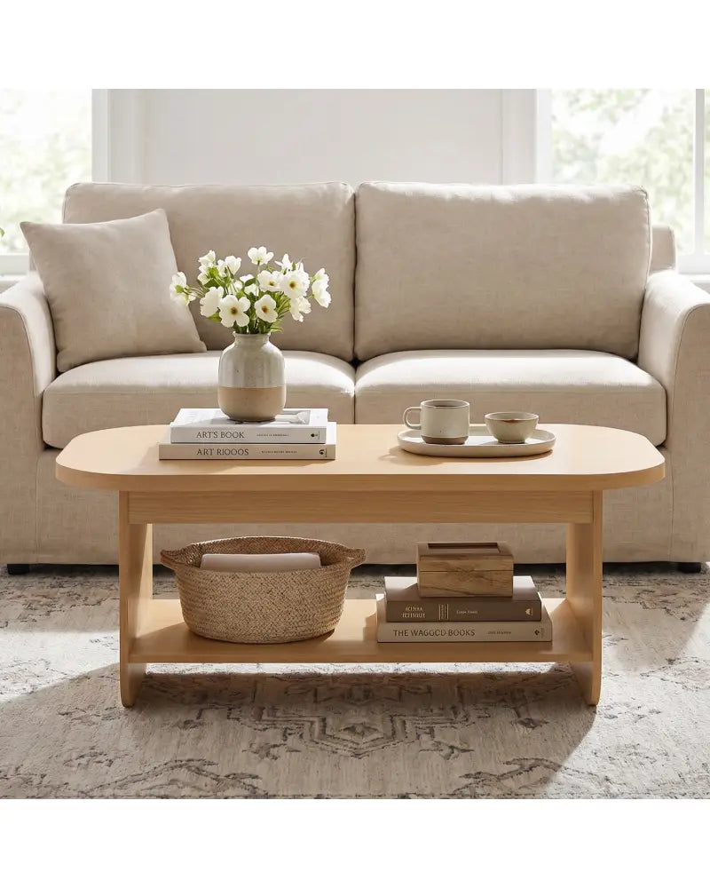 2-Tier Oval Coffee Table for Living Room Mid Century Center Table with Bottom Storage Shelf-Natural - Natural - Coffee