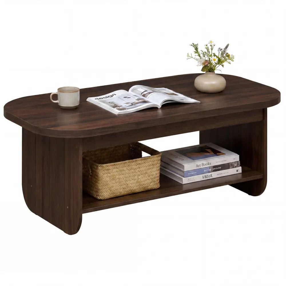 2-Tier Oval Coffee Table for Living Room Mid Century Center Table with Bottom Storage Shelf-Walnut - Walnut - Coffee