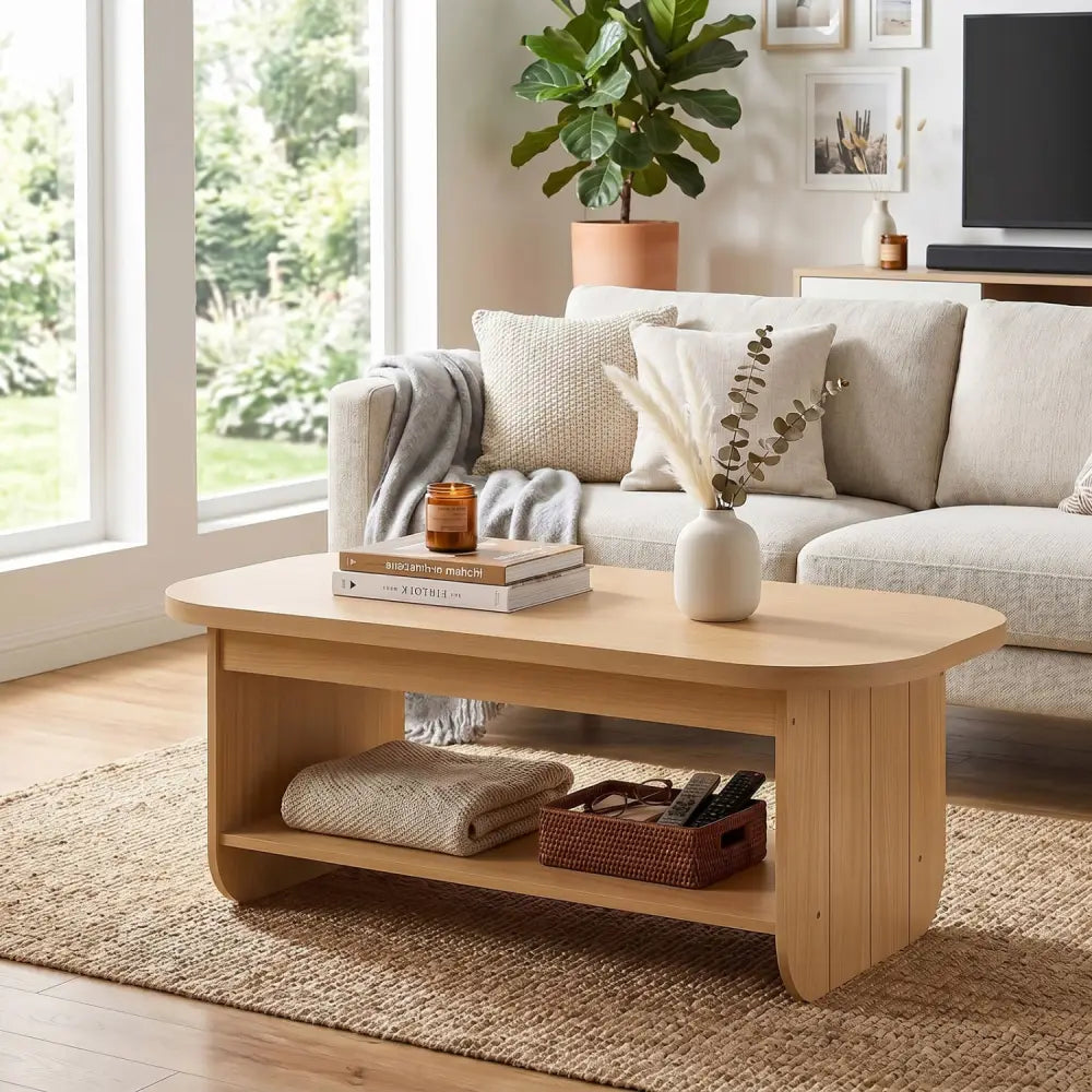 2-Tier Oval Coffee Table for Living Room Mid Century Center Table with Bottom Storage Shelf-Natural - Natural - Coffee