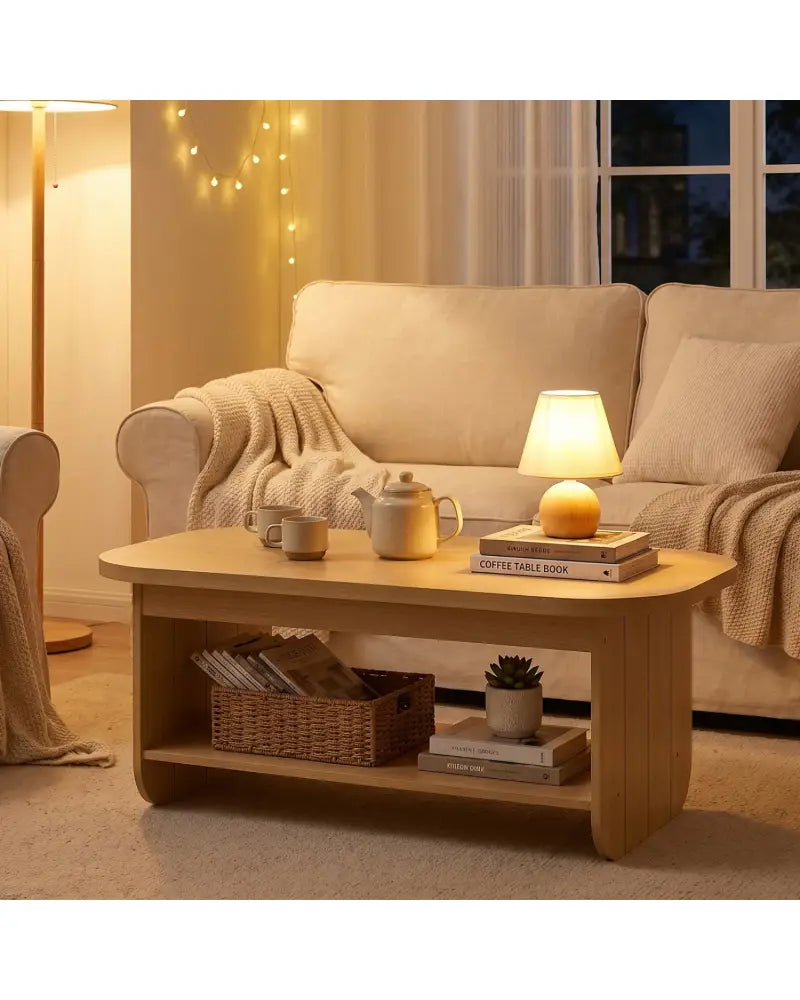 2-Tier Oval Coffee Table for Living Room Mid Century Center Table with Bottom Storage Shelf-Natural - Natural - Coffee