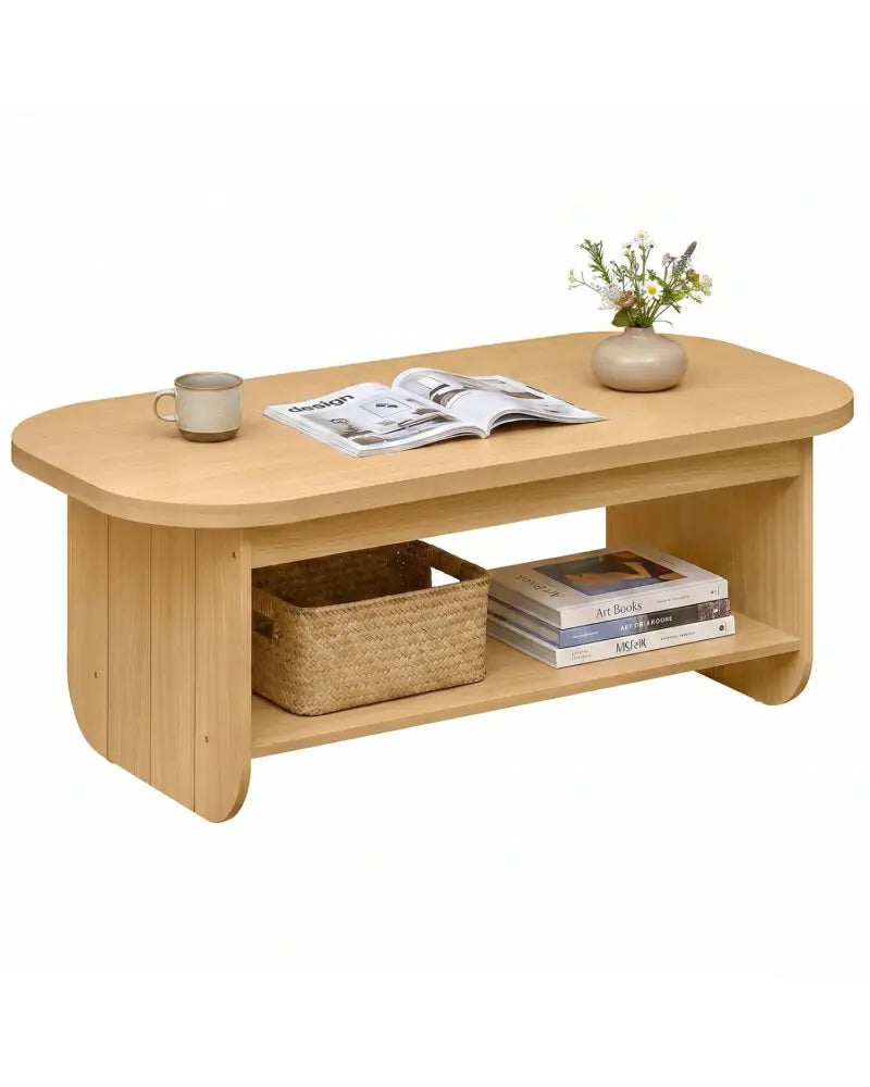 2-Tier Oval Coffee Table for Living Room Mid Century Center Table with Bottom Storage Shelf-Natural - Natural - Coffee