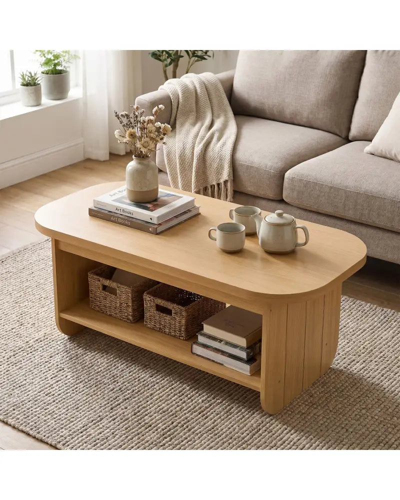 2-Tier Oval Coffee Table for Living Room Mid Century Center Table with Bottom Storage Shelf-Natural - Natural - Coffee