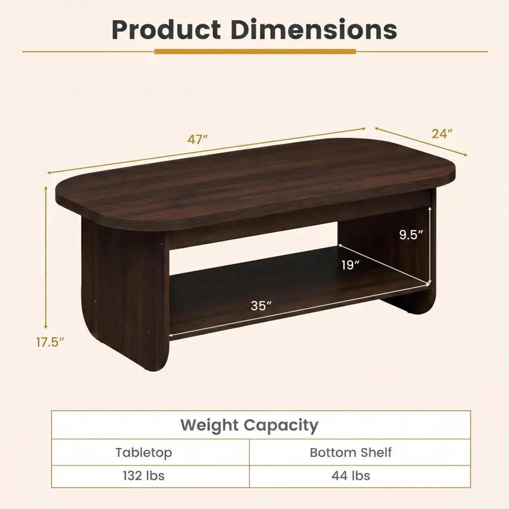 2-Tier Oval Coffee Table for Living Room Mid Century Center Table with Bottom Storage Shelf-Walnut - Walnut - Coffee