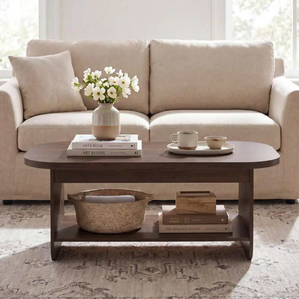2-Tier Oval Coffee Table for Living Room Mid Century Center Table with Bottom Storage Shelf-Walnut - Walnut - Coffee