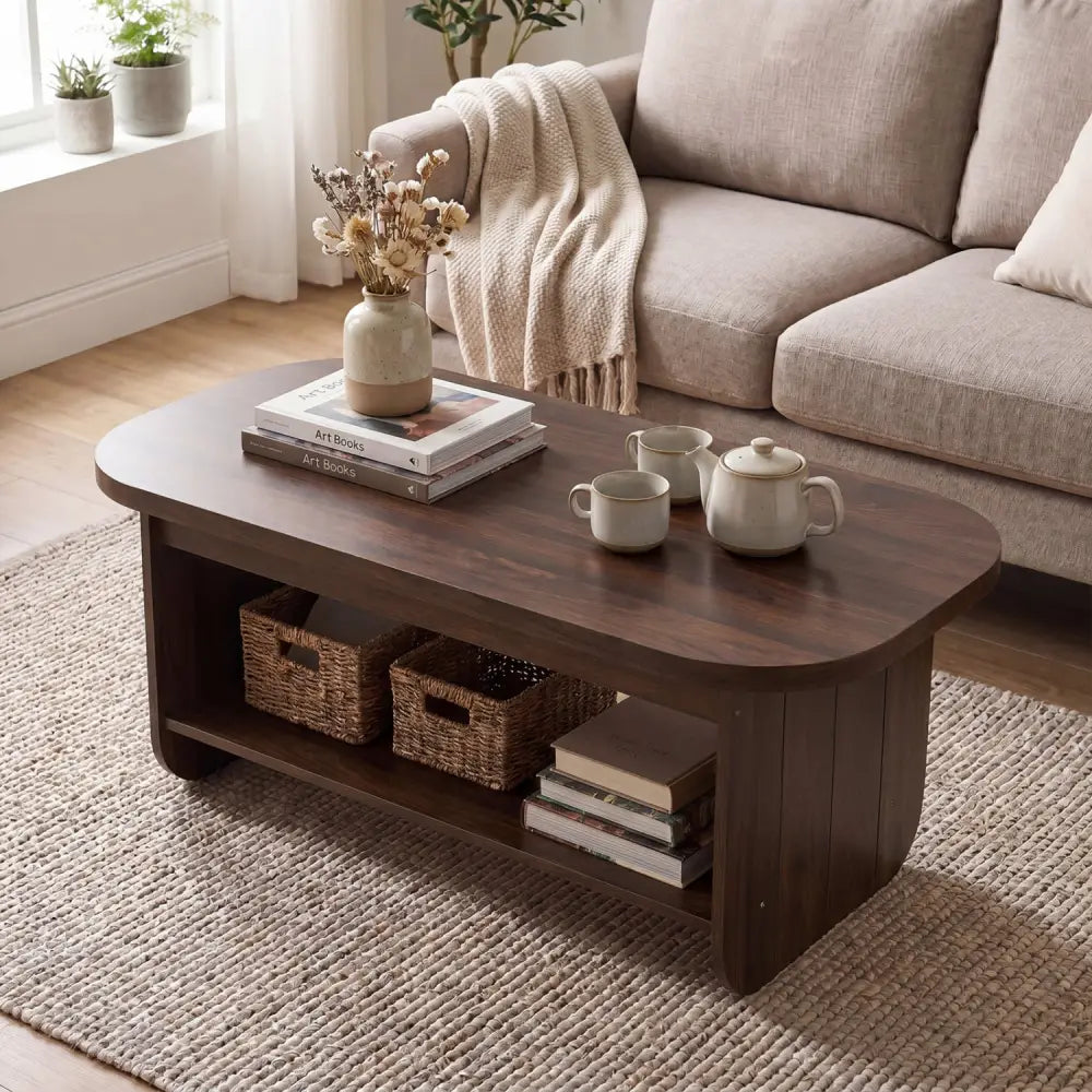 2-Tier Oval Coffee Table for Living Room Mid Century Center Table with Bottom Storage Shelf-Walnut - Walnut - Coffee