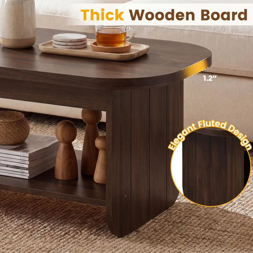 2-Tier Oval Coffee Table for Living Room Mid Century Center Table with Bottom Storage Shelf-Walnut - Walnut - Coffee