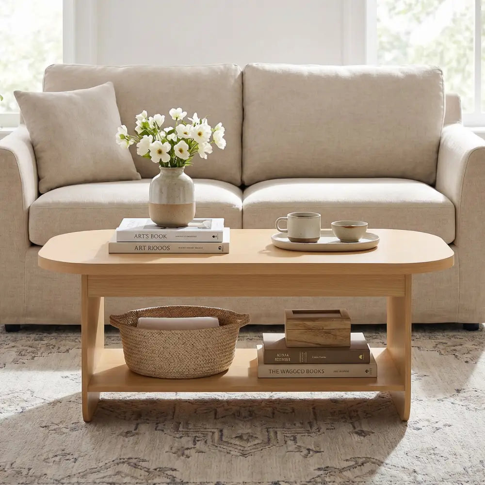 2-Tier Oval Coffee Table for Living Room Mid Century Center Table with Bottom Storage Shelf-Natural - Natural - Coffee