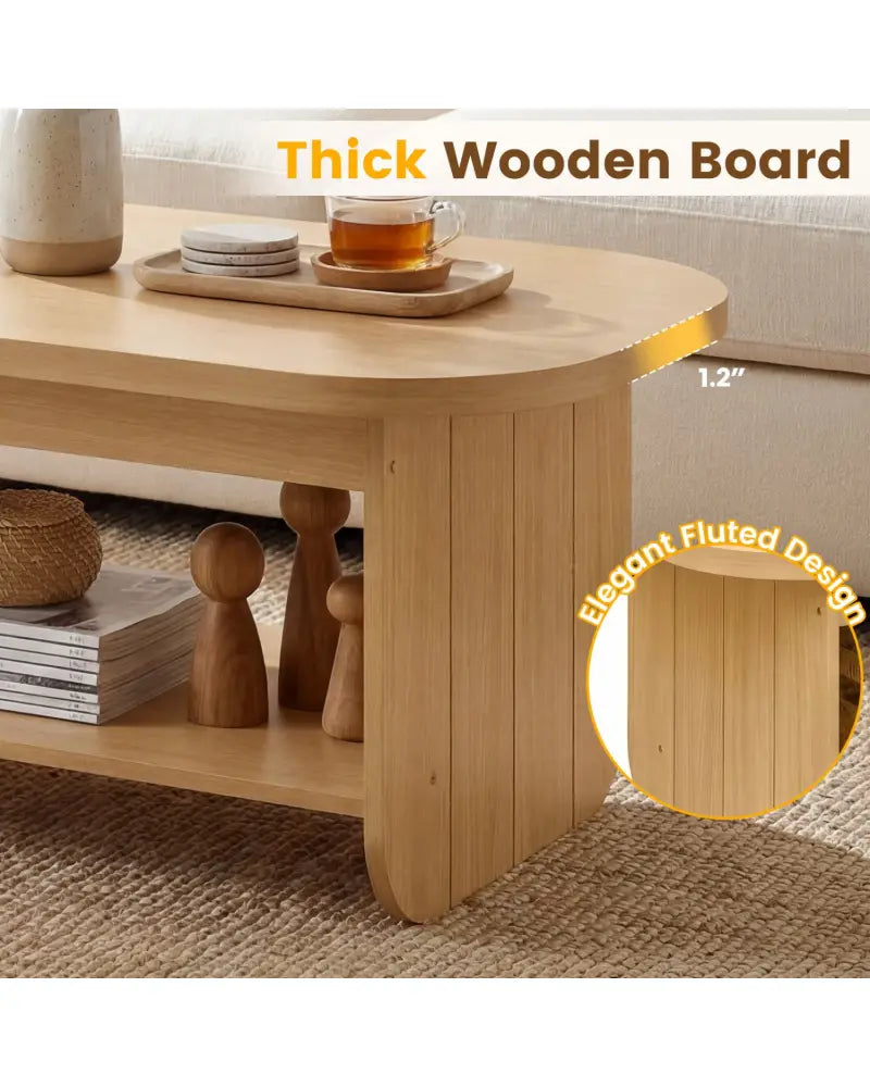2-Tier Oval Coffee Table for Living Room Mid Century Center Table with Bottom Storage Shelf-Natural - Natural - Coffee