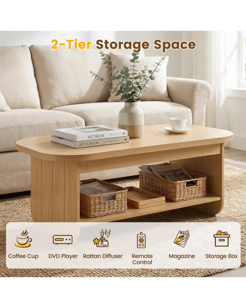 2-Tier Oval Coffee Table for Living Room Mid Century Center Table with Bottom Storage Shelf-Natural - Natural - Coffee